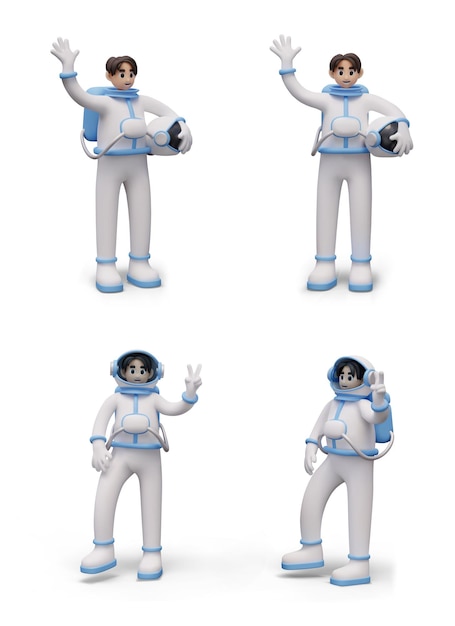 L'astronaute montre le signe de la victoire, agite la main, la langue des signes, la salutation cosmique.
