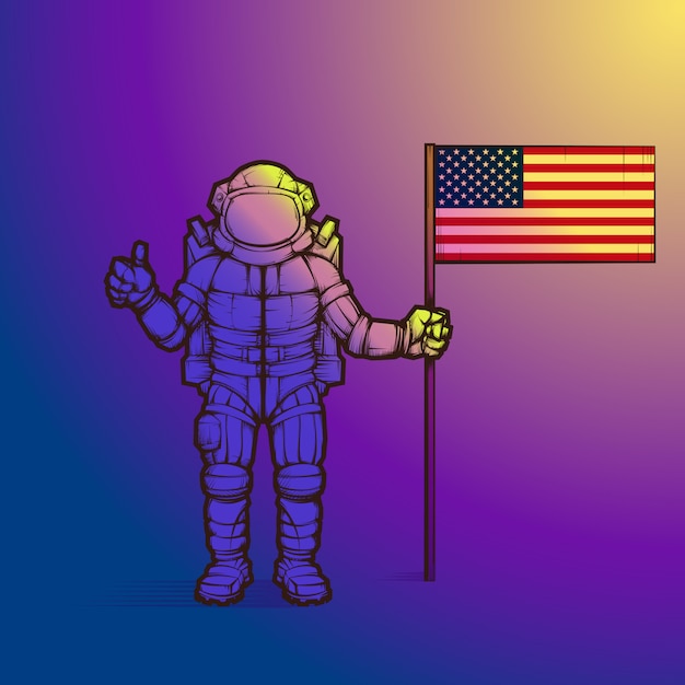 Astronaute A Placé Le Drapeau Américain