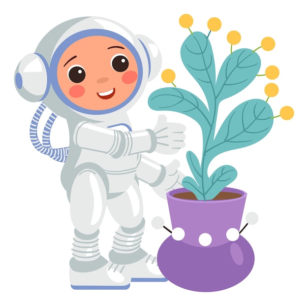 Astronaute Avec Plante Verte Enfant En Combinaison Spatiale Explorant