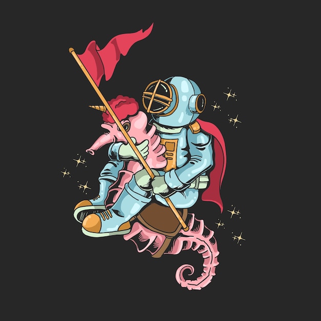 Astronaute Plongée Balade Illustration De Licorne Cheval De Mer