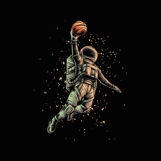 Astronaute de tir de basket-ball isolé sur fond noir