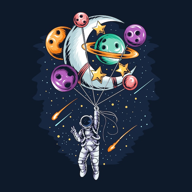 astronaute vole dans l & # 39; espace avec des planètes en ballon et la lune