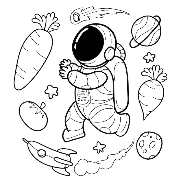 Les astronautes de légumes sont drôles dessinés à la main