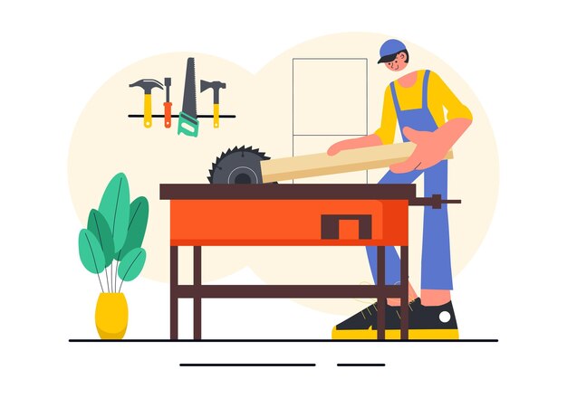 Atelier de menuiserie Illustration vectorielle mettant en vedette le travail du bois DIY Des planches en bois Fabrication de meubles et un artisan travaillant avec du bois en arrière-plan