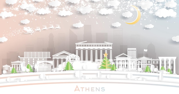 Athènes, Grèce, hiver, ville, horizon, dans, papier, coupe, style, à, flocons neige, lune, et, néon, guirlande
