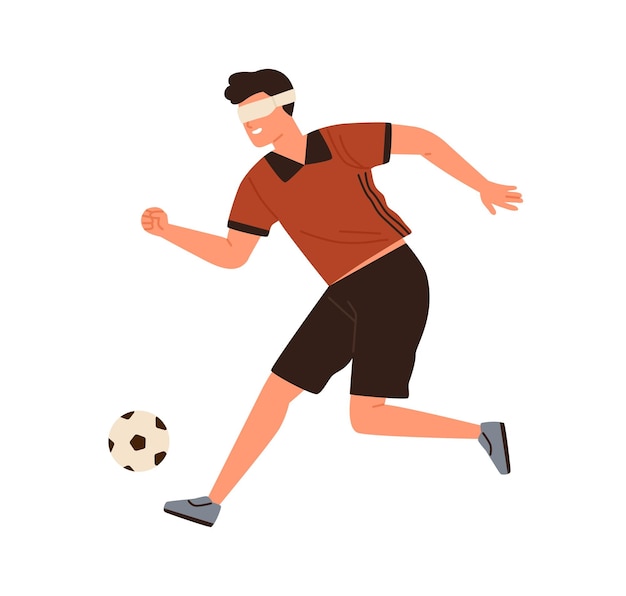 Athlète Handicapé, Football Masculin Aveugle En Cours D'exécution Coup De Pied Illustration Plate Vectorielle De Balle. Joueur De Football Sportif Effectuant Une Activité Sportive Isolée Sur Blanc. Homme Handicapé Avec Les Yeux Bandés.