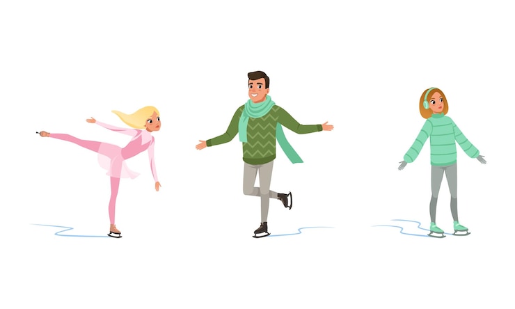 Vecteur athlètes professionnels et amateurs se produisant sur la patinoire skating artistique personnes s'entraînant sur la glace activité sportive d'hiver concept illustration vectorielle de dessin animé