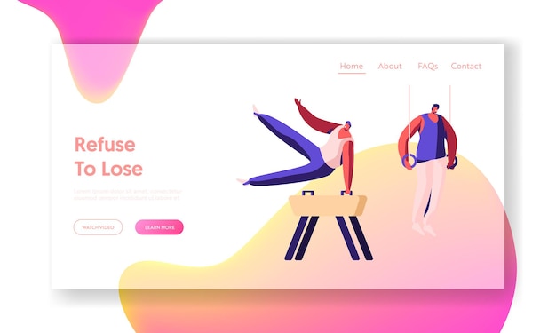 Athlétisme des personnages masculins s'entraînent ou participent aux Jeux Olympiques s'exerçant sur le cheval de saut et les anneaux de sport, page de destination du site Web de gymnastique, page Web. Illustration vectorielle plane de dessin animé