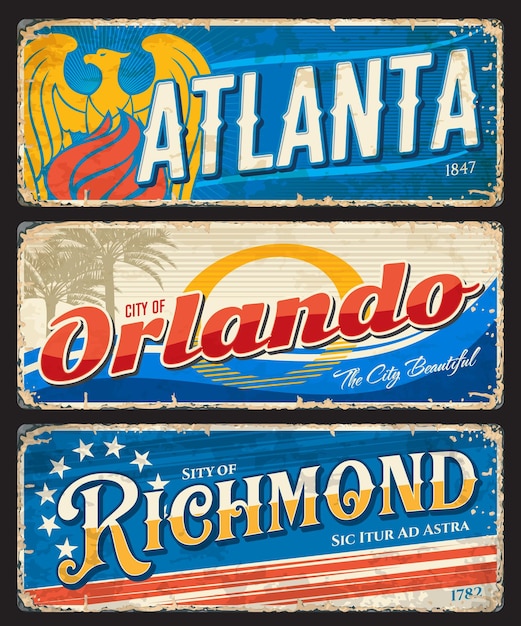 Atlanta Orlando Richmond villes américaines assiettes et autocollants de voyage Autocollant rétro de ville ou de ville des États-Unis plaque vintage ou enseigne en étain bannière de carte postale de tournée de vacances américaines ou carte souvenir de vecteur grunge