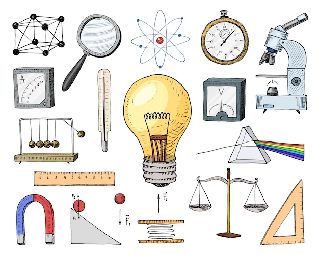 Atome Et Voltmètre à Mouvement Perpétuel, Circuit Et Graphique. Gravé à La Main Dessiné Dans De Vieux Croquis Et Symboles Vintage. Calculs Physique Retour à L'école éléments De Science Et Expériences De Laboratoire.