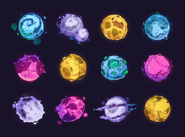 Atout de planète de jeu Dessin animé collection colorée de diverses planètes extraterrestres mignonnes drôle fantaisie rock désert eau et mondes acides Collection de sprites de jeu Vector 2D