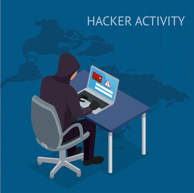 Vecteur attaque de pirate internet vectorielle isométrique et concept de sécurité des données personnelles. technologie de sécurité informatique. e-mail spam virus piratage de compte bancaire. hacker travaillant sur un code. notion de criminalité sur internet.