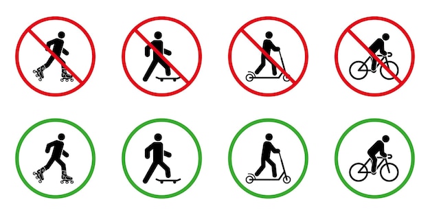 Attention Interdire Rollerskate Skateboard Bike Kick Scooter Pictogram Set No Allow Wheel Transport Sign