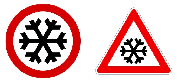 Vecteur attention signe neige / froid / hiver. flocon de neige noir dans un cercle et un triangle rouges.