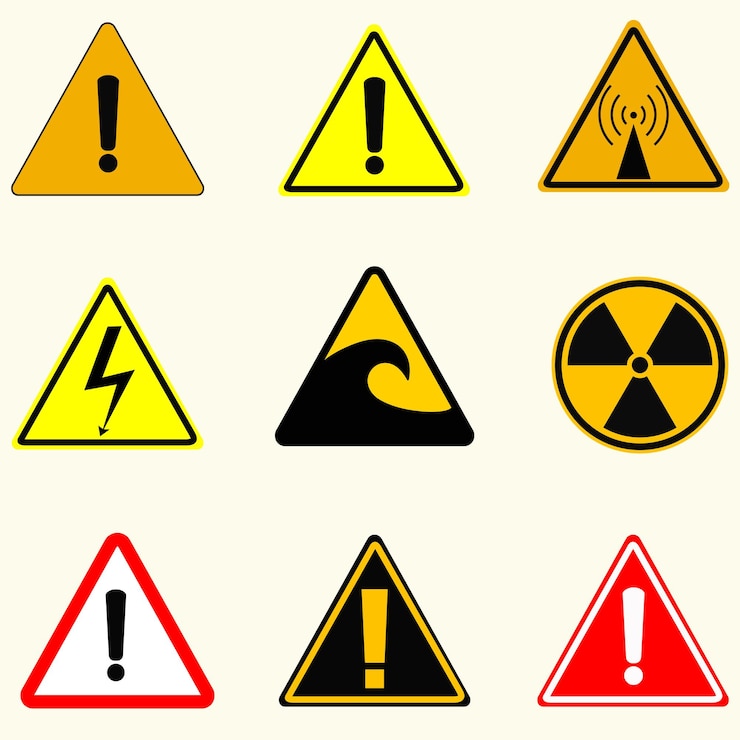 Vecteur attention signes danger rayonnement le tsunami haute tension émission radio et autres signes vecteur