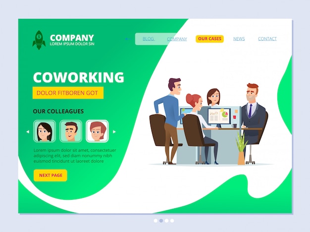 Atterrissage En équipe. Concept De Coworking Mise En Page Web Page Entreprise Gestionnaires D'espace De Travail Modèle De Vecteur D'agence De Bureau Masculin Et Féminin