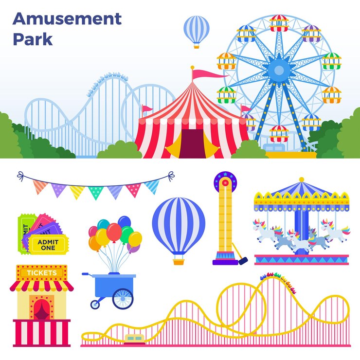 Vecteur attractions colorées dans l'illustration vectorielle du parc d'attractions au design plat