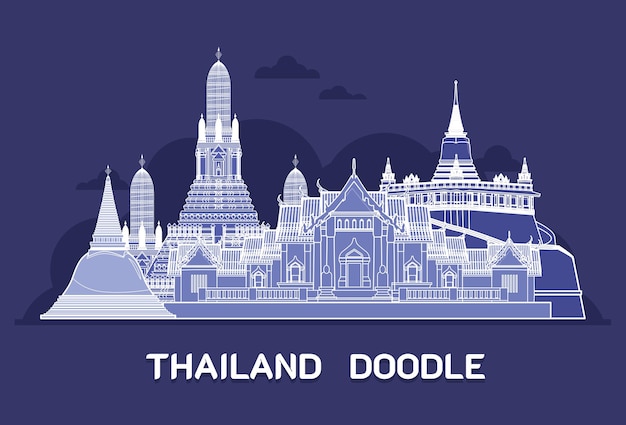 Vecteur attractions touristiques, sites célèbres, voyages en thaïlande et dégustation de plats thaïlandais en vacances destinations de voyage en asie