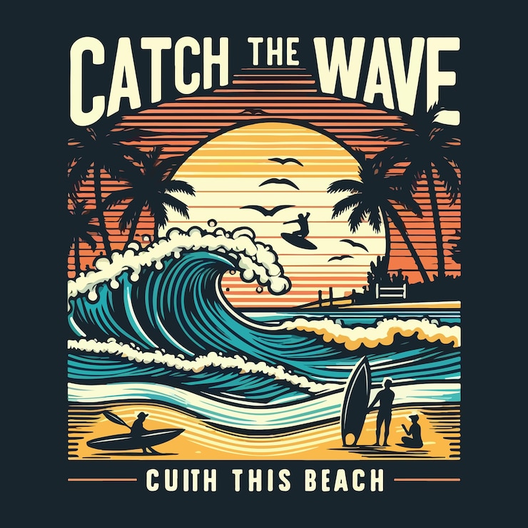 Vecteur attraper la vague de surf sur la plage dessin de t-shirt