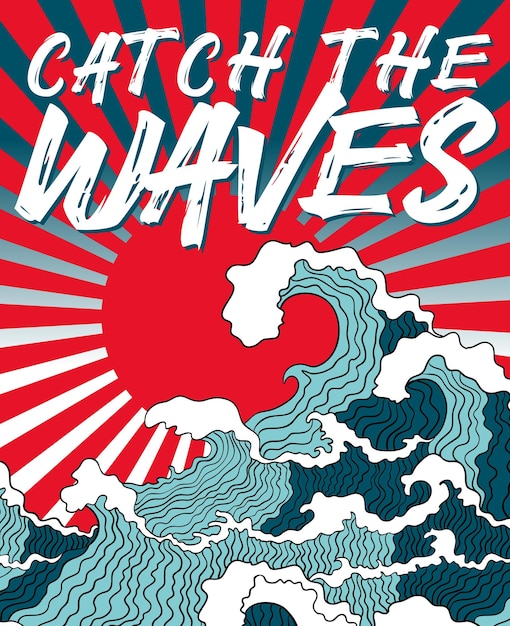 Attrapez L'illustration De L'affiche Des Vagues Avec Un Design De Soleil Rouge