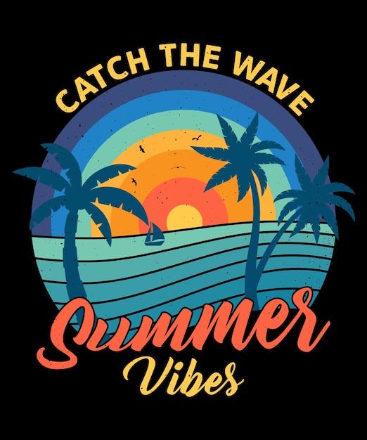 Vecteur attrapez la vague été vibes palmier coucher de soleil style rétro vintage tshirt design