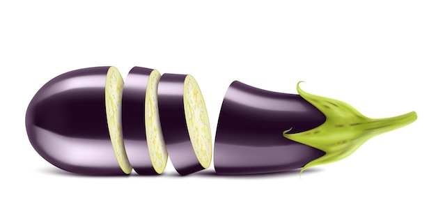 Vecteur aubergine ou aubergine avec des tranches isolées sur fond blanc aubergine fraîche du jardin nourriture végétarienne illustration vectorielle 3d réaliste