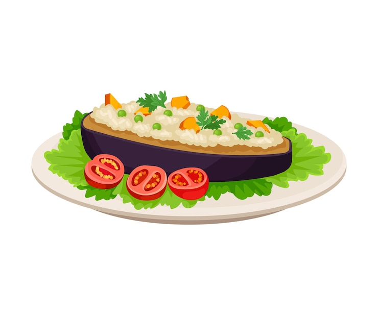 Vecteur aubergine farcie avec du riz et des carottes isolées sur fond blanc