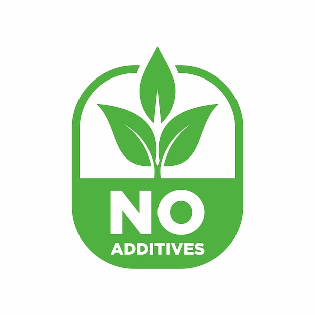 Aucun signe d'additifs pour des produits alimentaires naturels sains étiquette vecteur pictogramme isolé avec feuille de plante