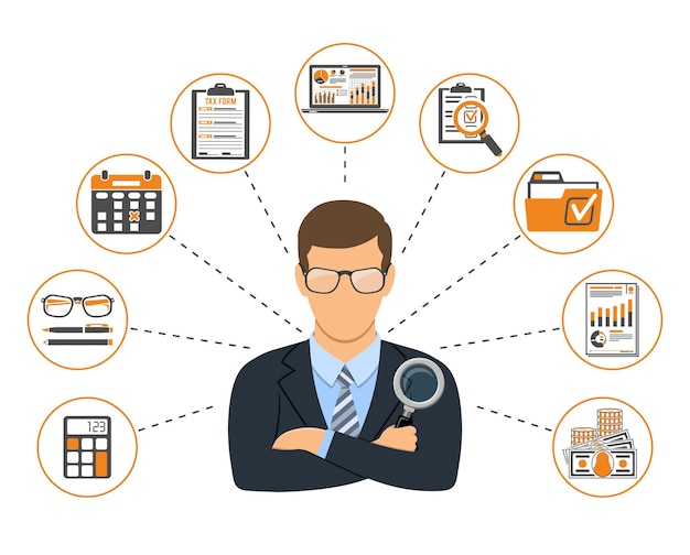 Audit, Fiscalité, Bannière Comptable. L'auditeur Tient Une Loupe à La Main Et Vérifie Le Rapport Financier Avec Des Graphiques, Une Calculatrice Et Un Ordinateur Portable. Icônes De Style Plat. Illustration Vectorielle Isolé