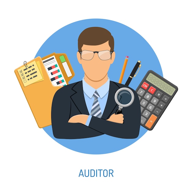 Audit, fiscalité, concept comptable. L'auditeur tient une loupe à la main et vérifie le rapport financier avec des graphiques, une calculatrice et un dossier. Icônes de style plat. Illustration vectorielle isolé