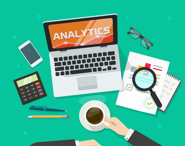 Audit de rapport financier concept ou recherche de données comptables sur le lieu de travail ordinateur table vue de dessus vector illustration plat