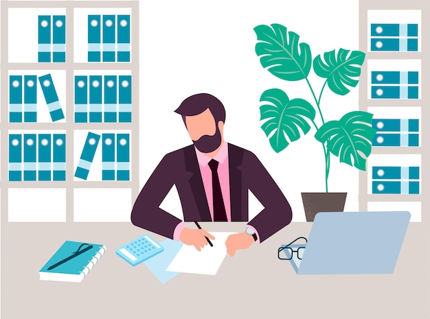Auditeur comptable au travail au bureau Homme d'affaires travaille avec la calculatrice de documents