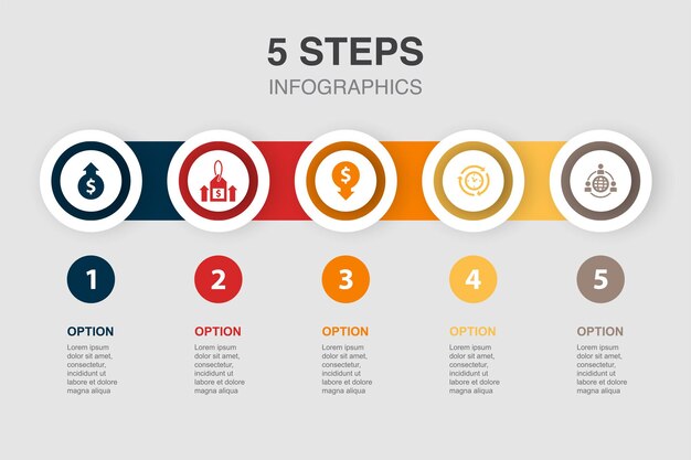 Vecteur augmenter les revenus augmenter les prix réduire les dépenses efficacité des icônes d'externalisation modèle de conception infographique concept créatif en 5 étapes