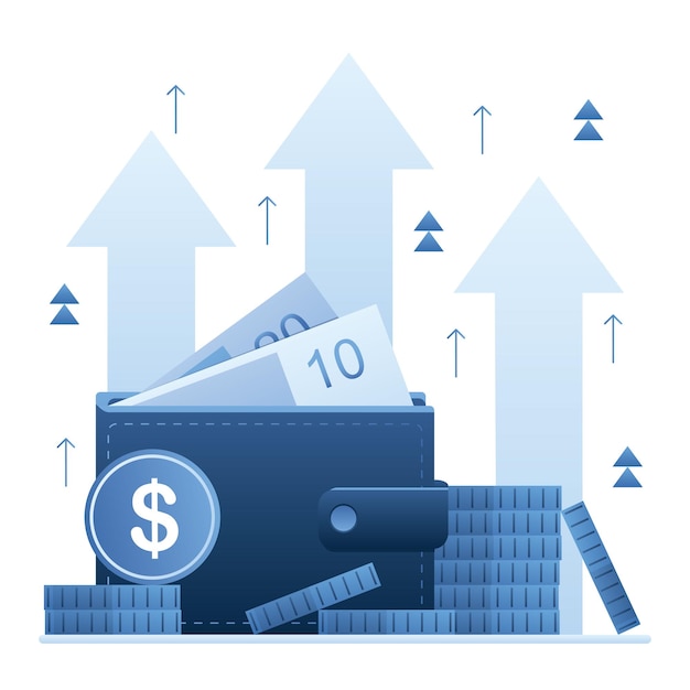 Augmenter les revenus modèle de page de destination portefeuille plein d'argent illustration vectorielle de taux d'intérêt élevé