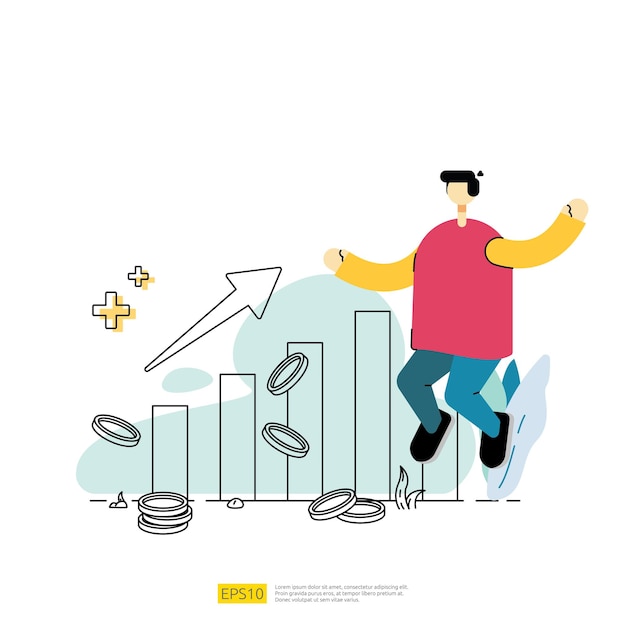 Augmentez La Croissance Des Bénéfices De L'entreprise Avec Un Graphique De Flèche Vers Le Haut, Une Pièce En Dollars Et Un Personnage D'homme D'affaires. Succès Commercial Augmenter Les Performances Du Retour Sur Investissement Concept Illustration Vectorielle Avec Style Plat