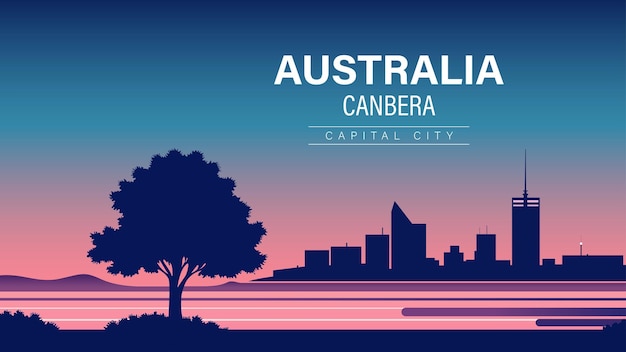 Vecteur australie canberra horizon de la ville de nuit avec un arbre et un lac en arrière-plan de la ville de premier plan