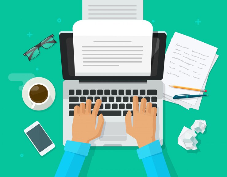 Vecteur auteur personne écrivant le contenu sur une feuille de papier informatique
