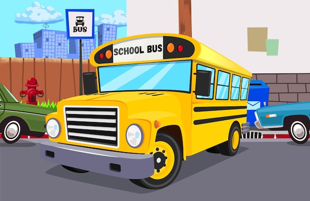 Vecteur autobus scolaire dans le parking de la ruecontexte retour à l'écolestyle de bande dessinée
