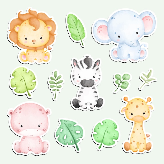 Autocollant D'animaux De Safari Mignons Aquarelle