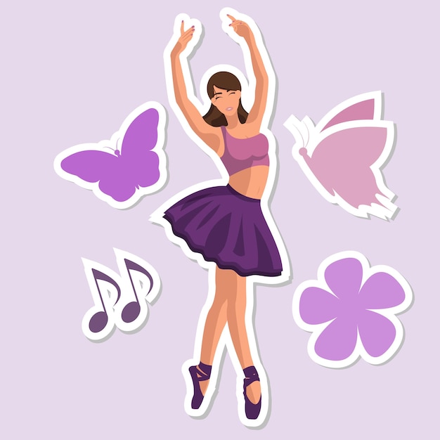 Autocollant de ballet classique d'illustration vectorielle Ballerine sans visage blanche caucasienne dans un tutu violet et des chaussures de pointe dansant avec un papillon de fleurs et des notes de musique dans un style plat