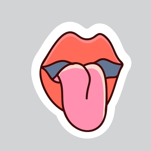 Vecteur autocollant de doodle vectoriel de styles des années 70 lèvres rouges avec la langue pendante