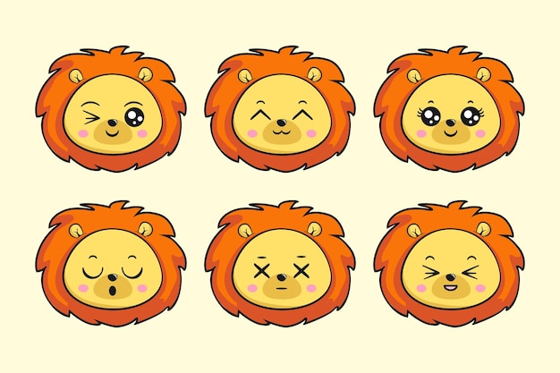 Vecteur autocollant emoji de dessin animé de visage de tête de lion kawaii part3