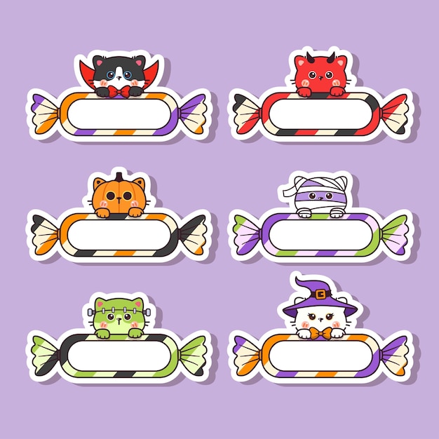 Vecteur autocollant d'halloween chat kawaii mignon avec étiquette vierge étiquette de nom dessin animé ensemble de vecteurs de style dessiné à la main