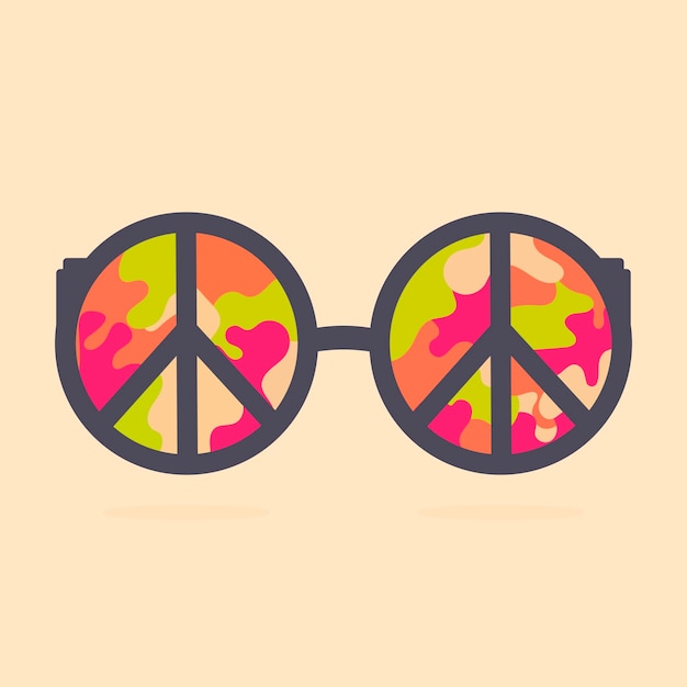 Autocollant d'icône dans un style hippie avec des lunettes avec un signe hippie avec un fond arc-en-ciel