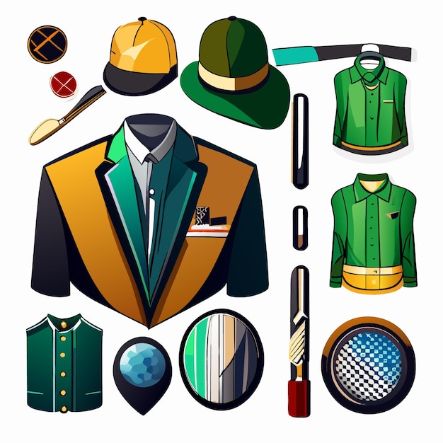 Vecteur autocollant d'illustration de vêtements et accessoires de joueur de golf