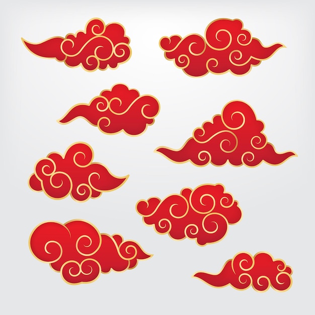 Autocollant De Nuage Chinois Traditionnel, Ensemble Vectoriel De Conception Chinoise Rouge