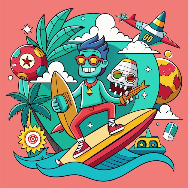 Autocollant de T-shirt d'une illustration humoristique fusionnant des références à la culture pop avec des motifs de surf