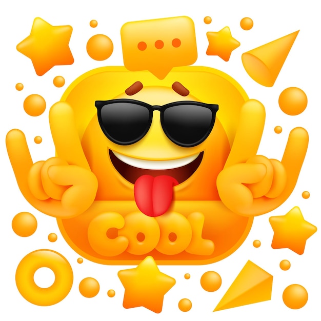 Vecteur autocollant web cool emoji jaune avec caractère de lunettes.