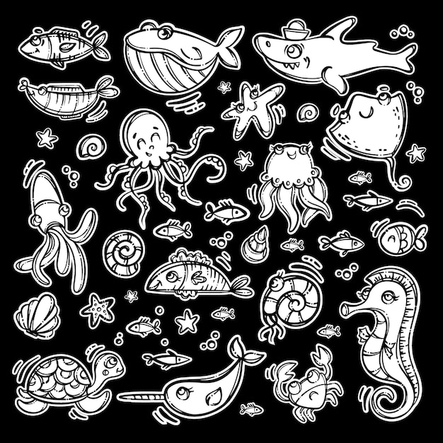 Autocollants D'animaux De Mer Thème Nautique Dessin Animé Dessiné à La Main Monochrome Voyage Clipart étiquette Monde Sous-marin Illustration Vectorielle Pour Machines D'impression Et De Découpe