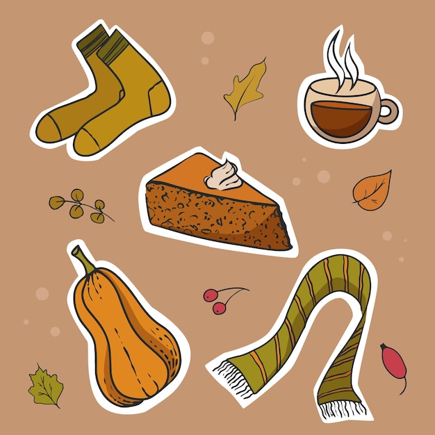 Vecteur autocollants d'automne feuilles écharpe rayée citrouille morceau de gâteau boisson chaude dans une tasse et des chaussettes